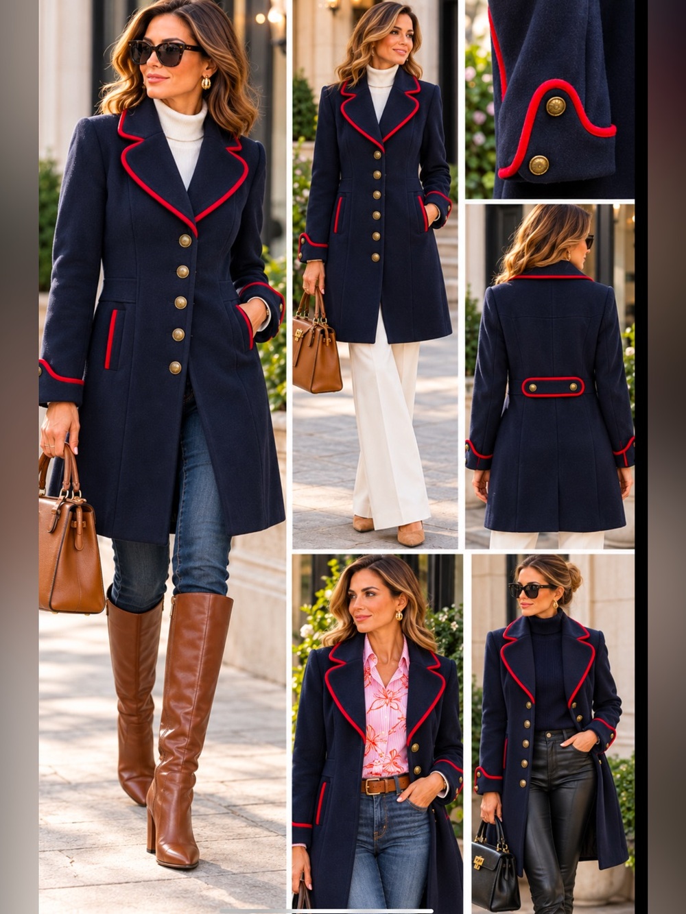 ASOS Rare Navy Wool Blend Military Coat Red Piping Gold Buttons Size 38/ US 6